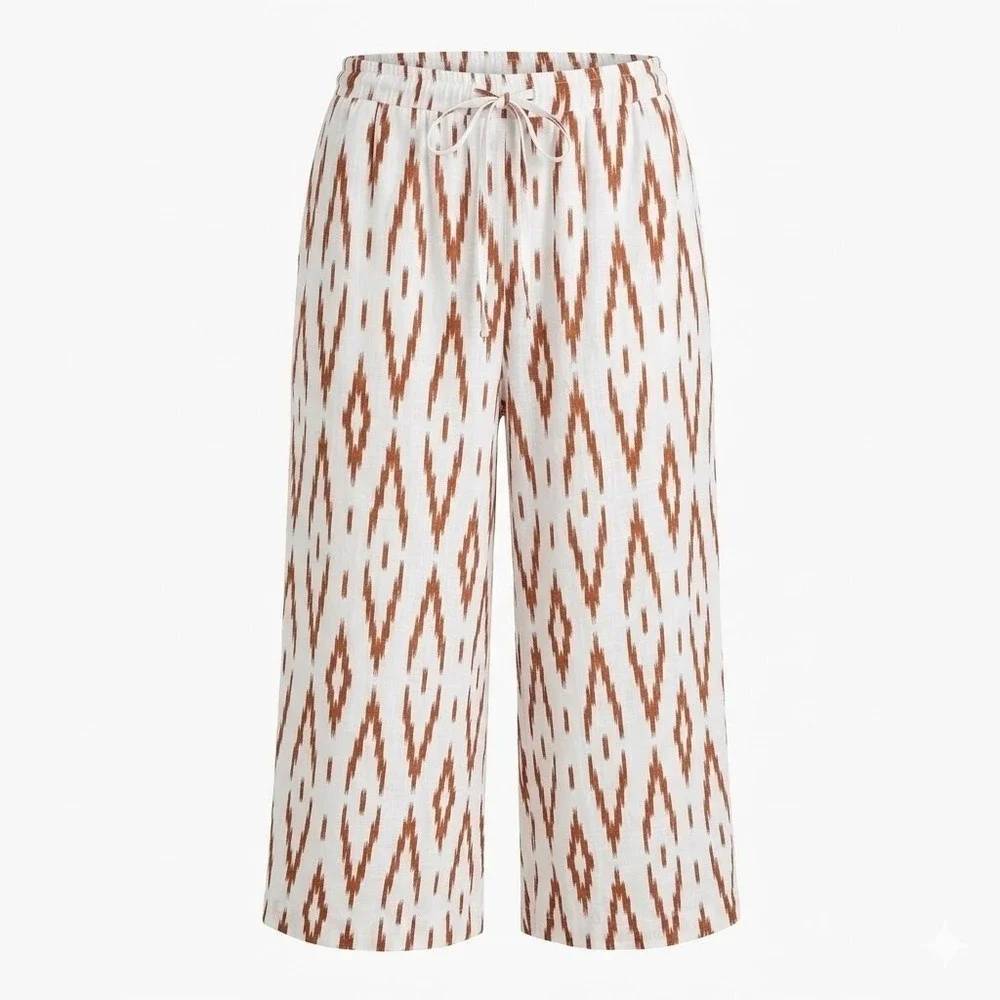 NEW‎ Vince Camuto 3X White Brown Ikat Linen Blend Wide Leg Crop Drawstring Pants